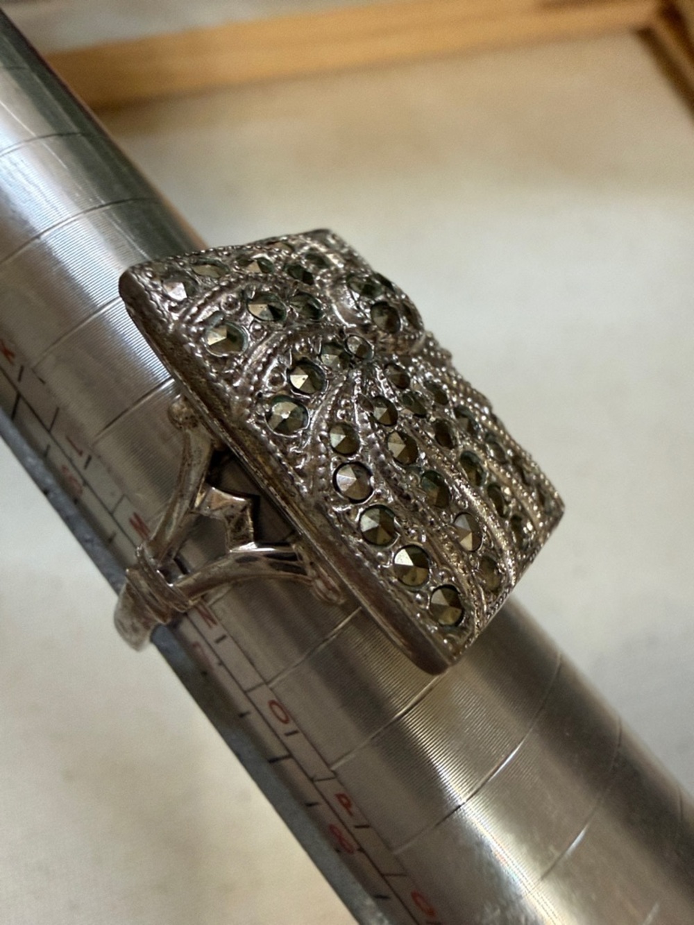 Sterling Silver 925 Marcasite Pavé Rectangular Statement Ring size 6.25 - Picture 2 of 12